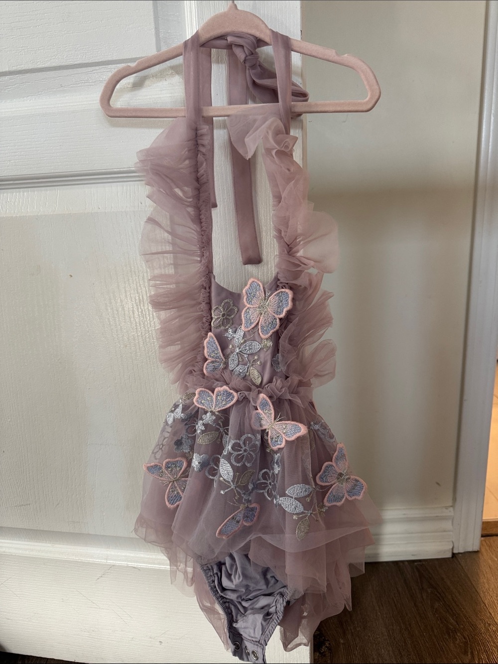 Baby Girls' Mauve Butterfly Tulle Halter Dress Romper bodysuit bottom open back